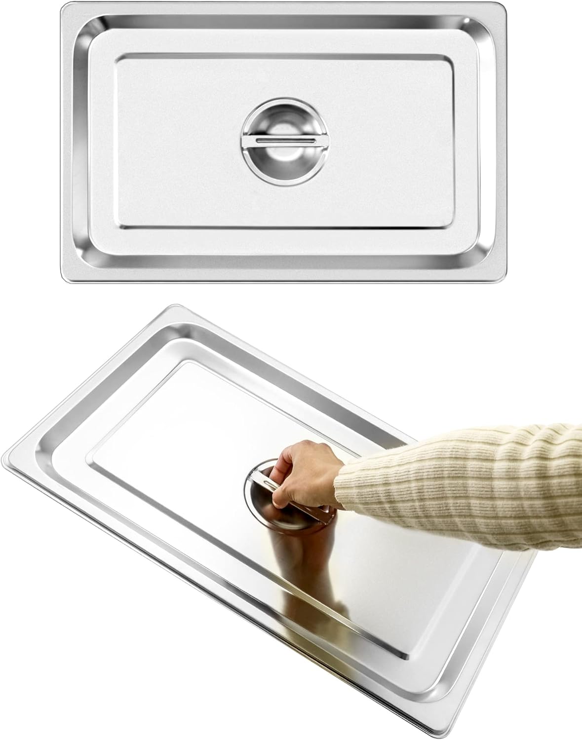 Full Size Stainless Steel Steam Table Pan Cover with Handle - Set of 2, Durable Lid for Steam Pans - Image 3