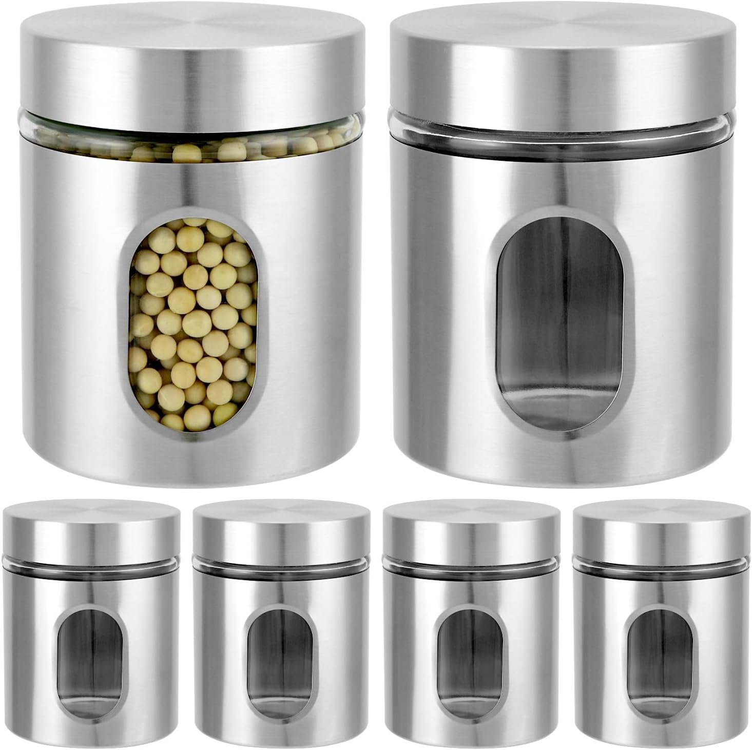 6 Pack 20 oz Stainless Steel Glass Kitchen Canisters Set, Airtight Food Storage Containers with Window, for Flour Cookies Spices Grains - Image 1