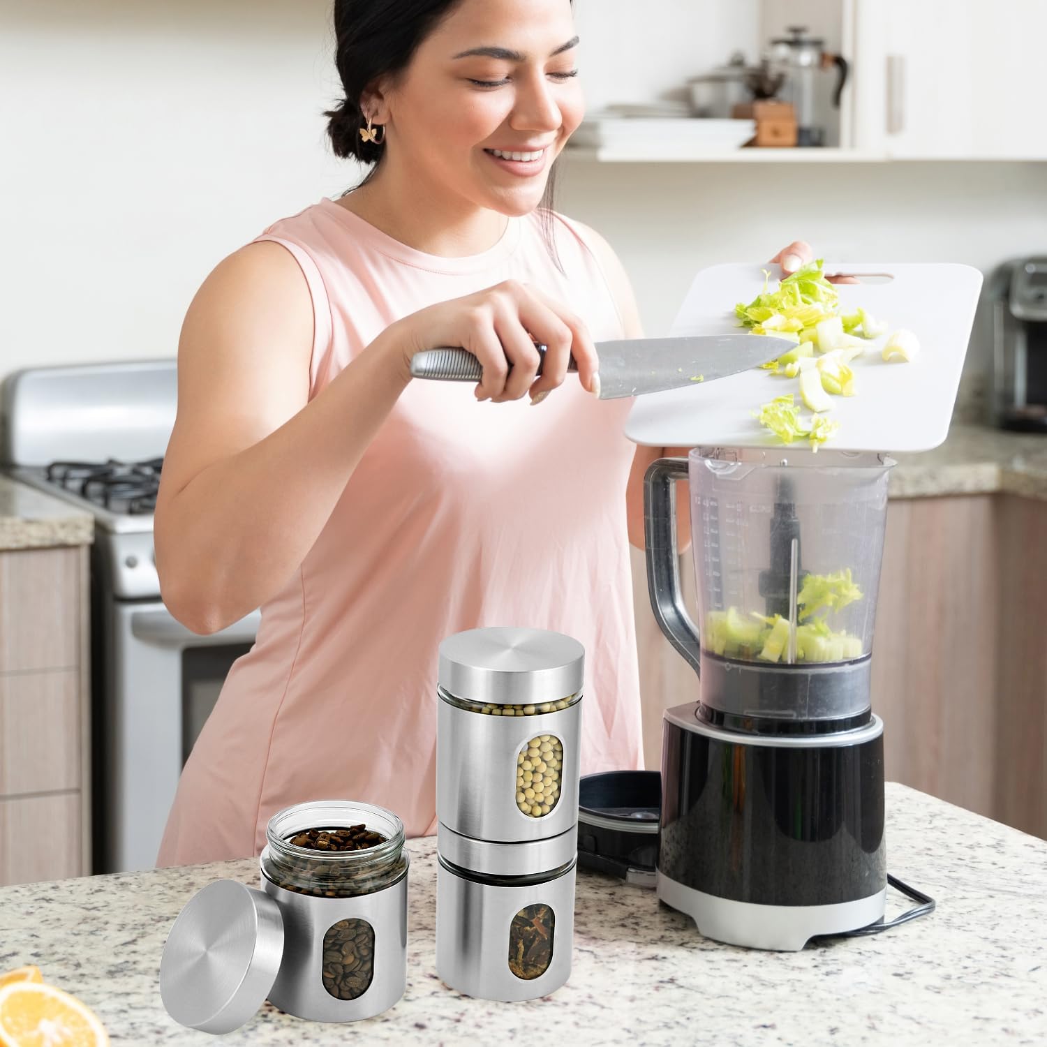 6 Pack 20 oz Stainless Steel Glass Kitchen Canisters Set, Airtight Food Storage Containers with Window, for Flour Cookies Spices Grains - Image 7