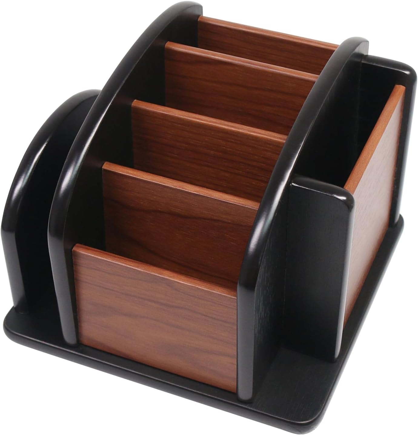 Remote Control Holder Caddy - Wooden Rotating Coffee Table Organizer Large Spinning Wood Remote Holder for Living Room Office (6 Compartments, Brown & Black) - Image 1