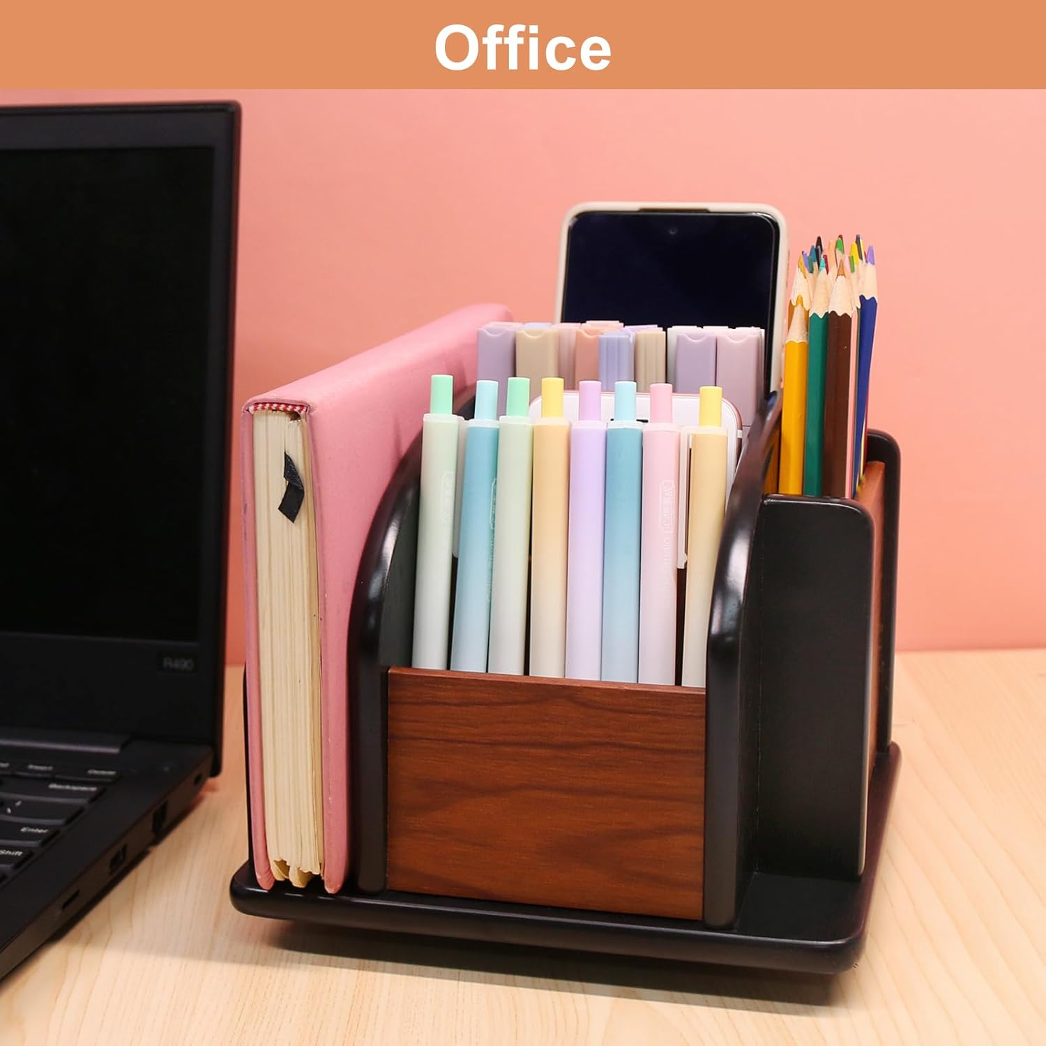 Remote Control Holder Caddy - Wooden Rotating Coffee Table Organizer Large Spinning Wood Remote Holder for Living Room Office (6 Compartments, Brown & Black) - Image 2