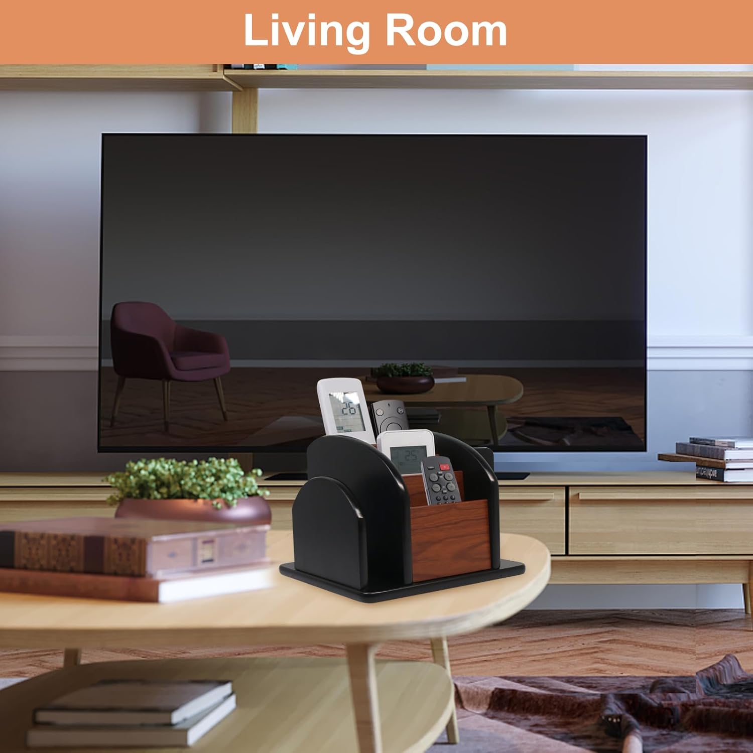 Remote Control Holder Caddy - Wooden Rotating Coffee Table Organizer Large Spinning Wood Remote Holder for Living Room Office (6 Compartments, Brown & Black) - Image 3