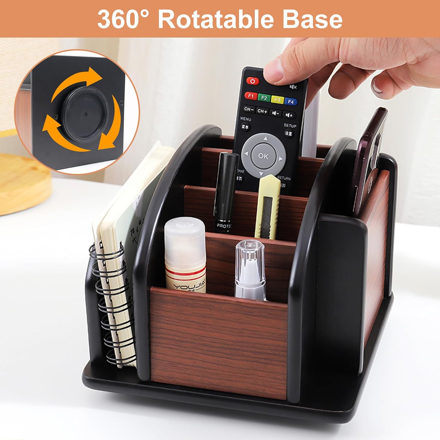 Remote Control Holder Caddy - Wooden Rotating Coffee Table Organizer Large Spinning Wood Remote Holder for Living Room Office (6 Compartments, Brown & Black) - Image 5