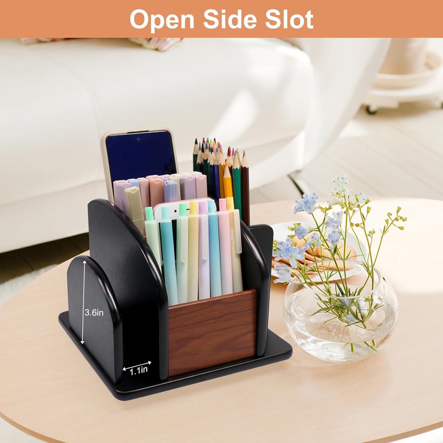 Remote Control Holder Caddy - Wooden Rotating Coffee Table Organizer Large Spinning Wood Remote Holder for Living Room Office (6 Compartments, Brown & Black) - Image 6