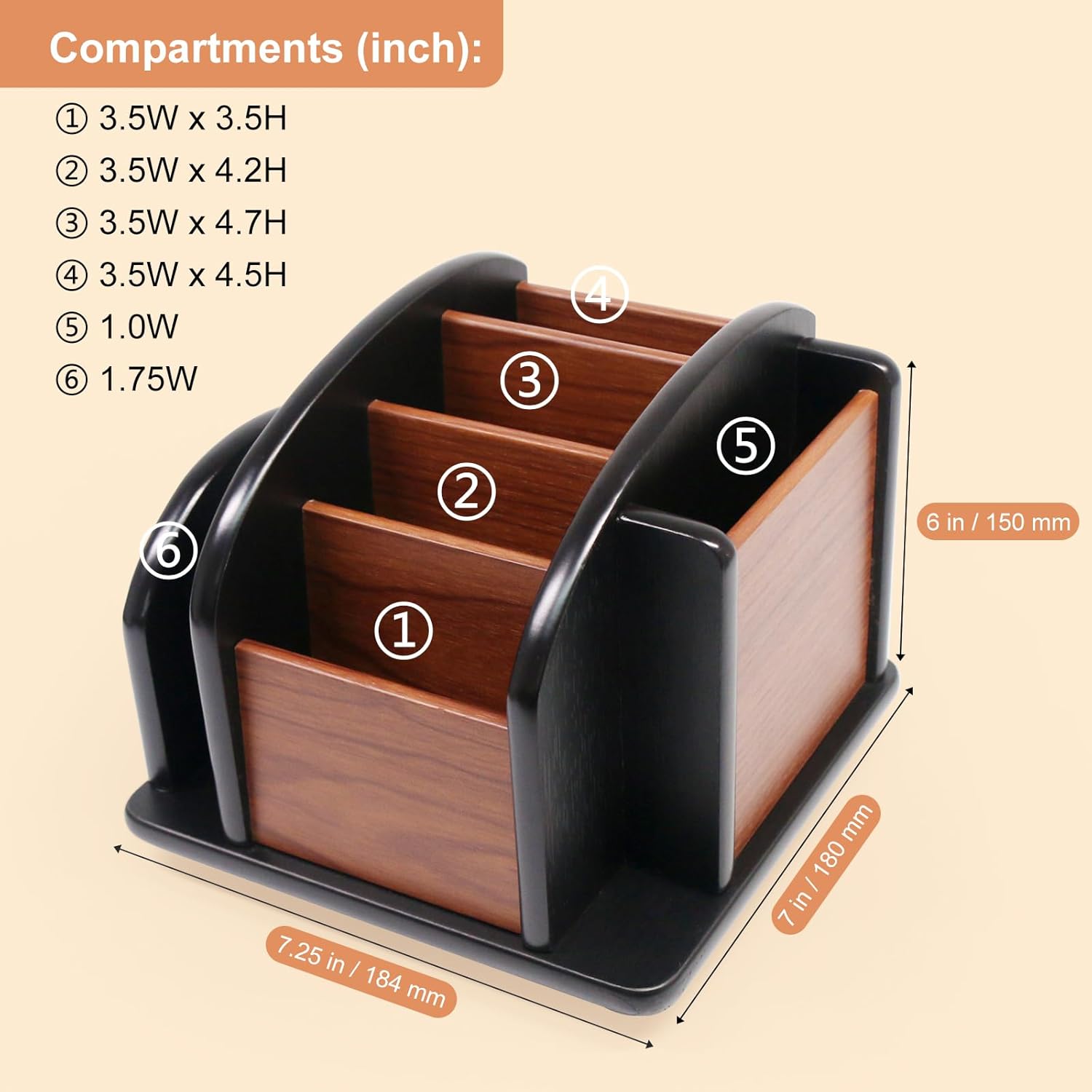 Remote Control Holder Caddy - Wooden Rotating Coffee Table Organizer Large Spinning Wood Remote Holder for Living Room Office (6 Compartments, Brown & Black) - Image 7