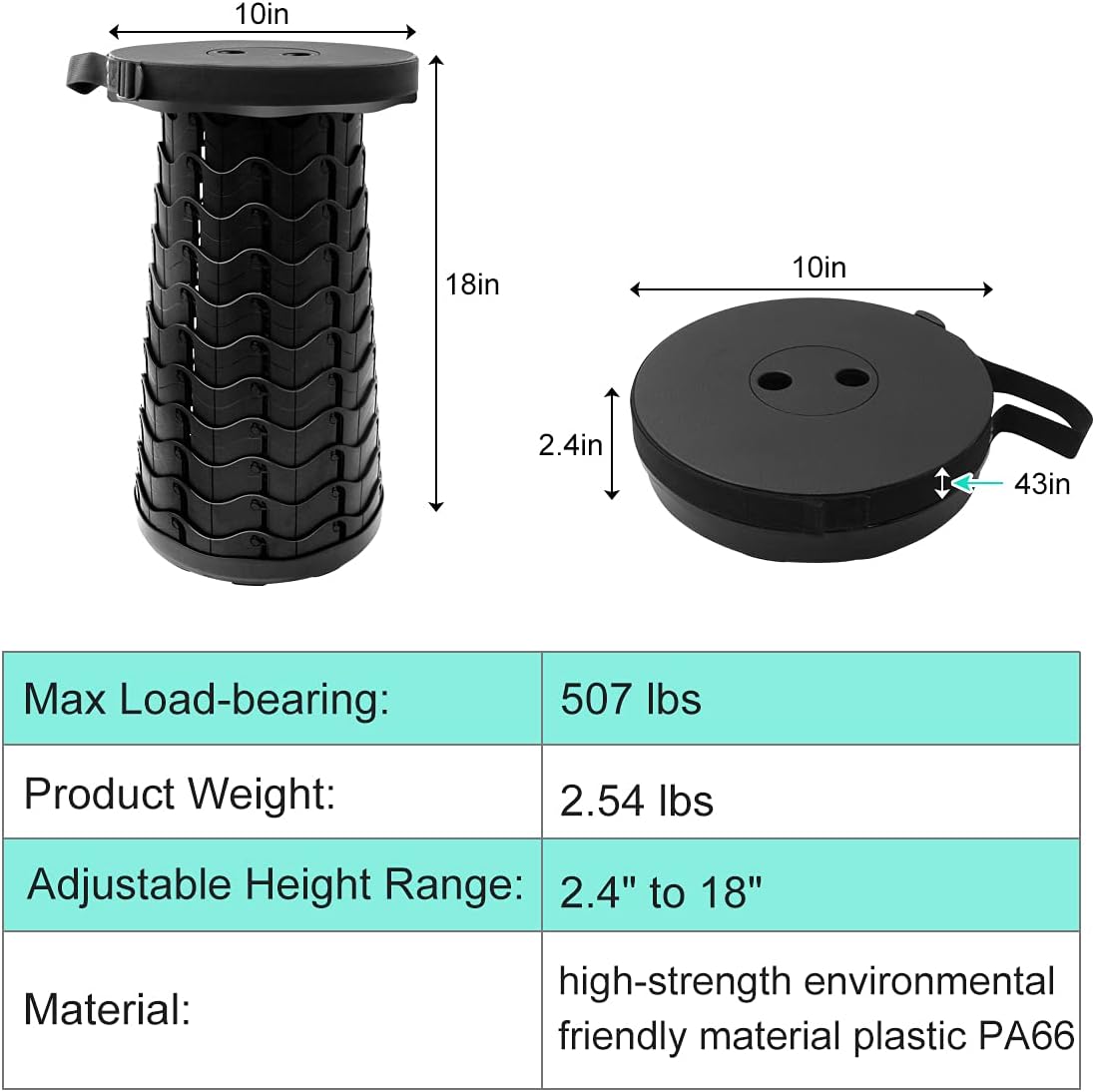 Retractable Folding Stool Upgraded, Portable Lightweight Collapsible Stool Telescoping Chair Seat Adjustable Height with Load 400 lbs for Adult Camping Travel Fishing Outdoor - Image 2