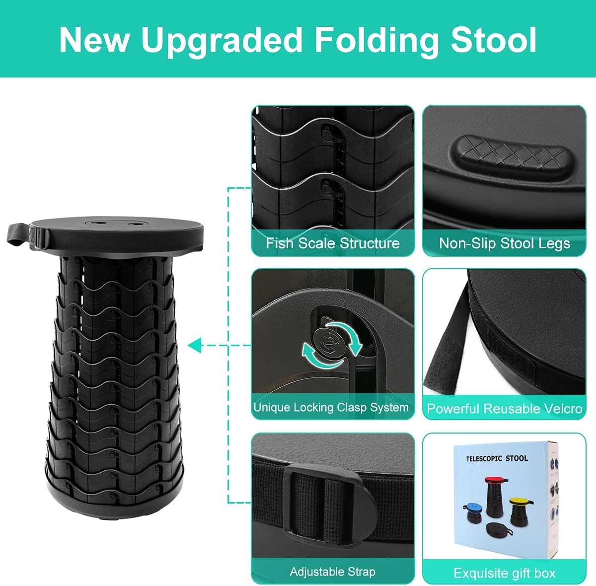 Retractable Folding Stool Upgraded, Portable Lightweight Collapsible Stool Telescoping Chair Seat Adjustable Height with Load 400 lbs for Adult Camping Travel Fishing Outdoor - Image 3