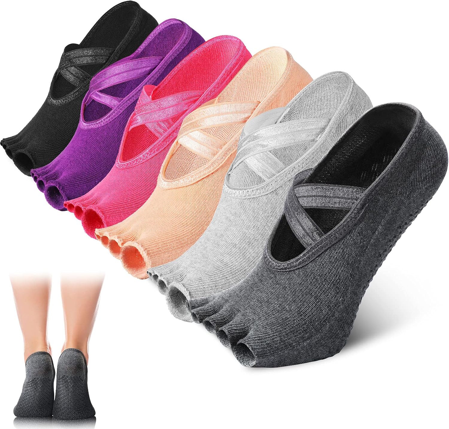 6 Pairs Pilates Socks with Grip for Women Non Slip Yoga Socks Toeless Barre Sticky with Straps Multicolor for Ballet Dance Barefoot Workout - Image 1