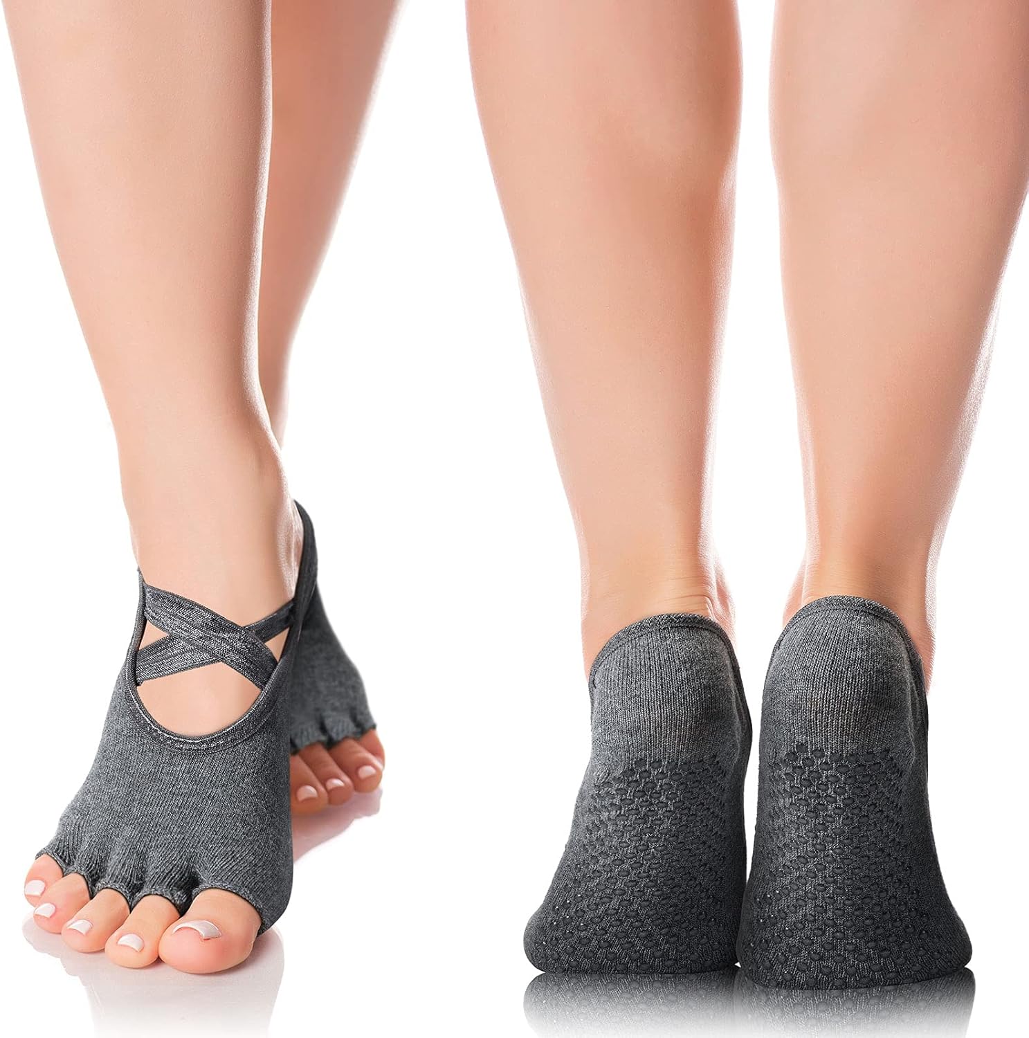 6 Pairs Pilates Socks with Grip for Women Non Slip Yoga Socks Toeless Barre Sticky with Straps Multicolor for Ballet Dance Barefoot Workout - Image 2