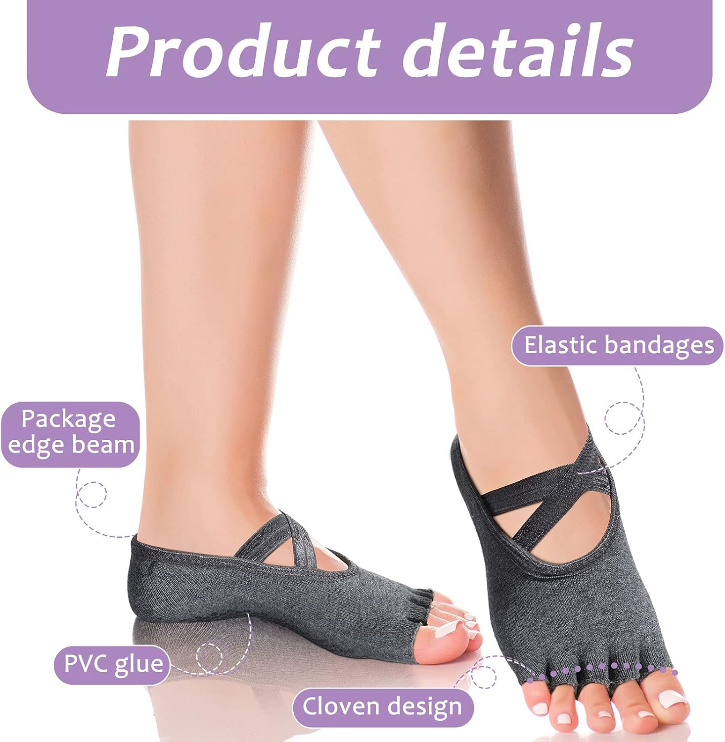 6 Pairs Pilates Socks with Grip for Women Non Slip Yoga Socks Toeless Barre Sticky with Straps Multicolor for Ballet Dance Barefoot Workout - Image 4