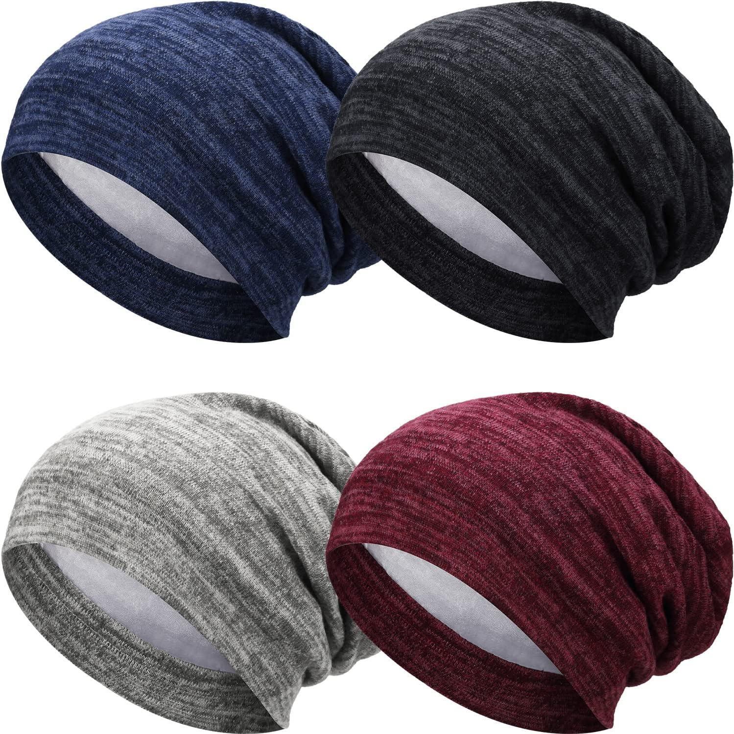 4 Pieces Satin Lined Beanie Cap Satin Sleep Lined Hat Slouchy Beanie Hat Night Silk Hair Cap for Women Men - Image 1