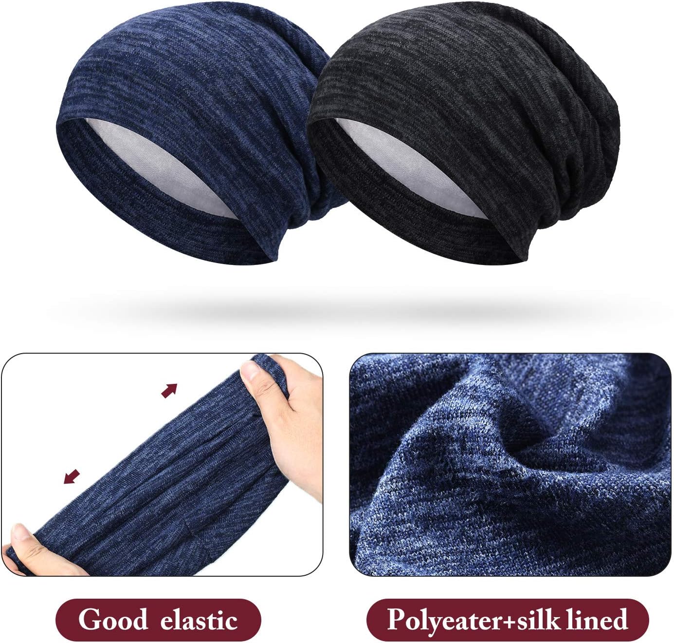 4 Pieces Satin Lined Beanie Cap Satin Sleep Lined Hat Slouchy Beanie Hat Night Silk Hair Cap for Women Men - Image 2