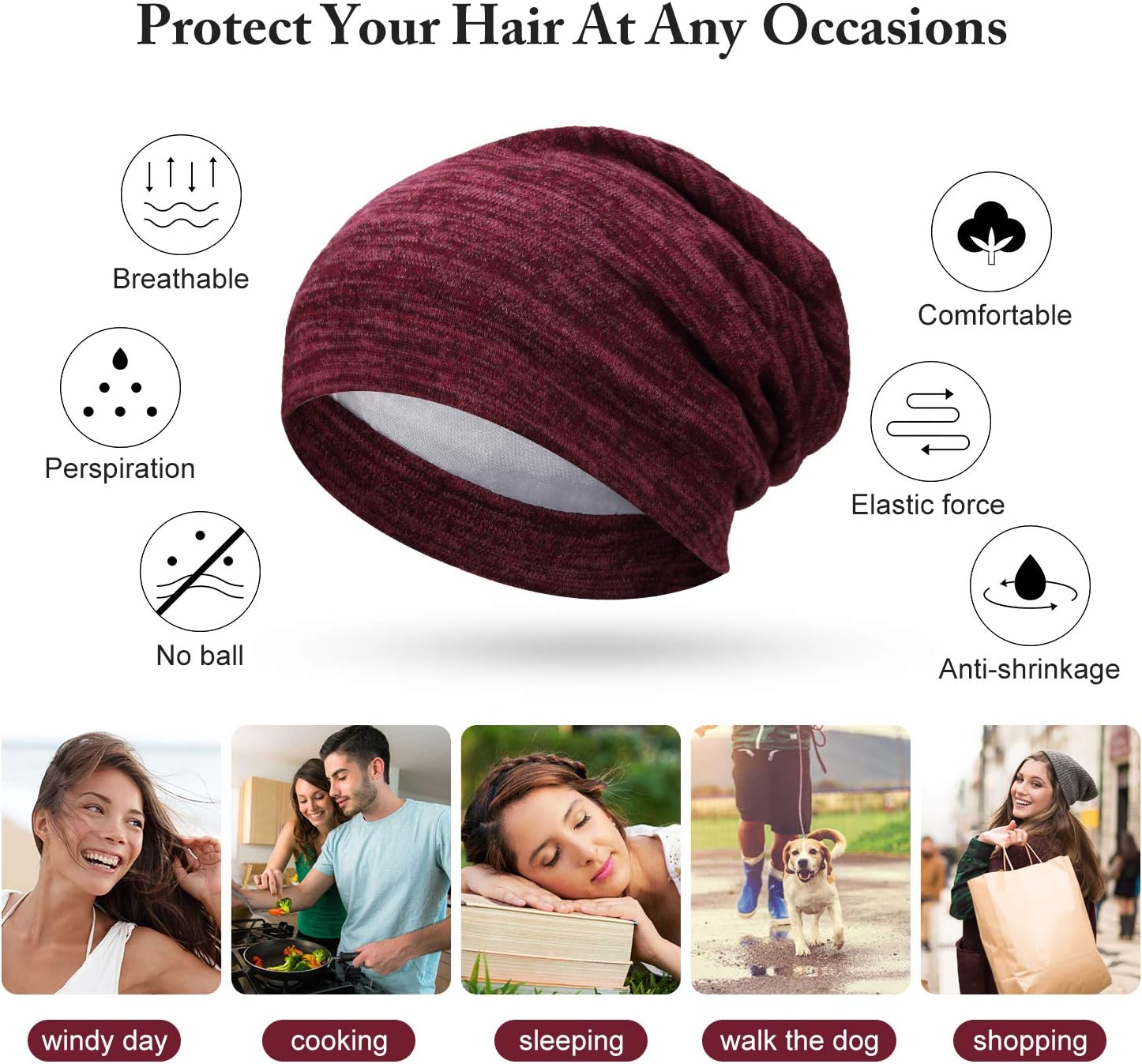 4 Pieces Satin Lined Beanie Cap Satin Sleep Lined Hat Slouchy Beanie Hat Night Silk Hair Cap for Women Men - Image 3
