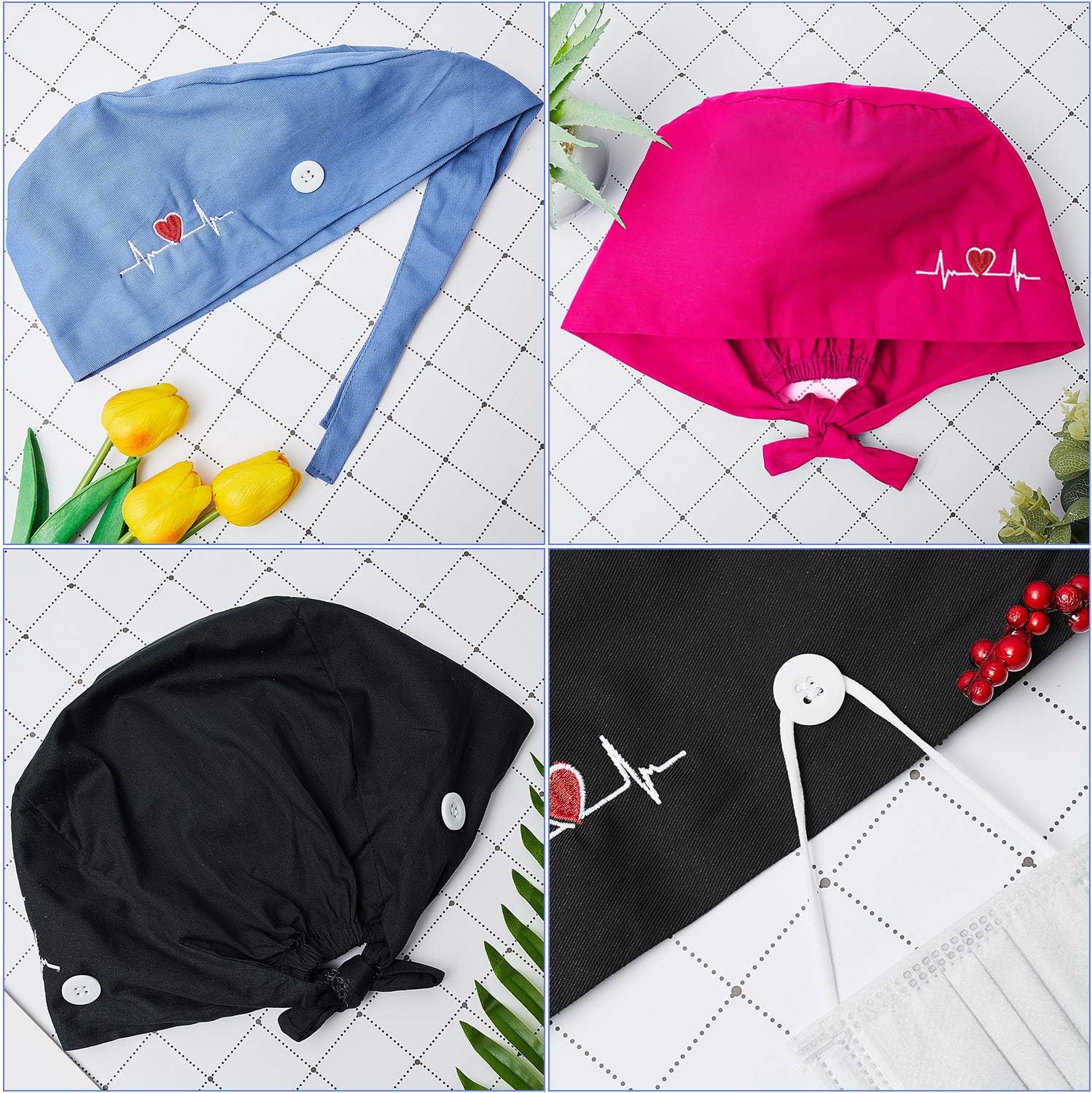 4 Pieces Working Cap with Buttons, Unisex Bouffant Working Hat with Adjustable Sweatband - Image 4