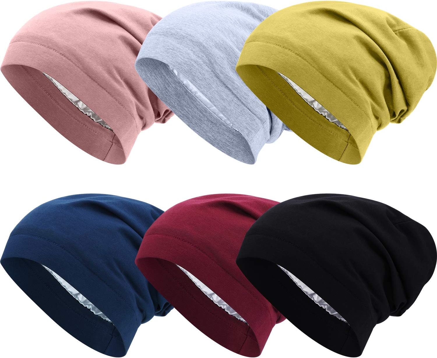 6 Pieces Satin Lined Sleep Cap Slouchy Skull Beanie Hat Night Hair Cap Headwear Head Wrap for Curly Hair Women Girl - Image 1