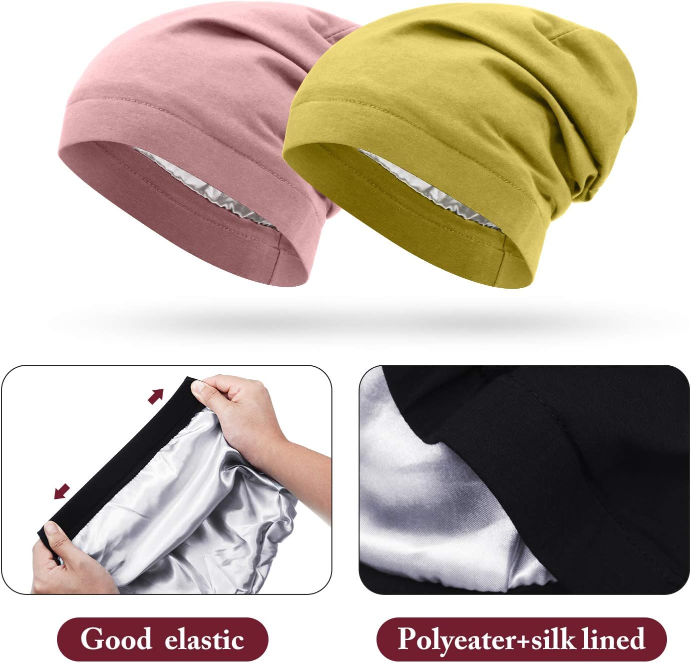 6 Pieces Satin Lined Sleep Cap Slouchy Skull Beanie Hat Night Hair Cap Headwear Head Wrap for Curly Hair Women Girl - Image 3