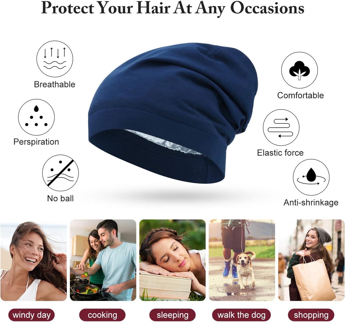 6 Pieces Satin Lined Sleep Cap Slouchy Skull Beanie Hat Night Hair Cap Headwear Head Wrap for Curly Hair Women Girl - Image 4