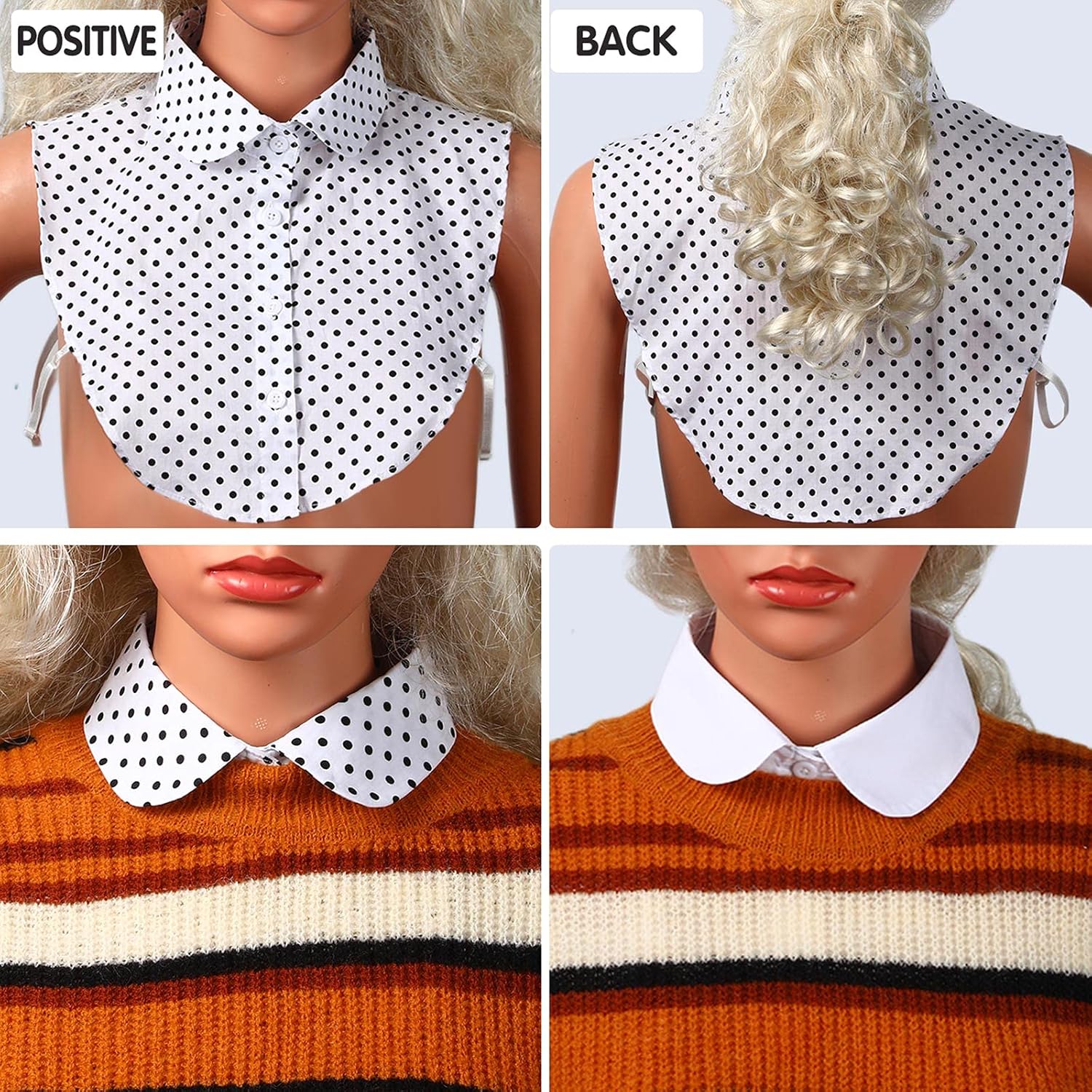 4 Pcs Fake Collar for Women Black and White Polka Detachable Dots Dickey Collar Half Shirt for Halloween Costume - Image 6