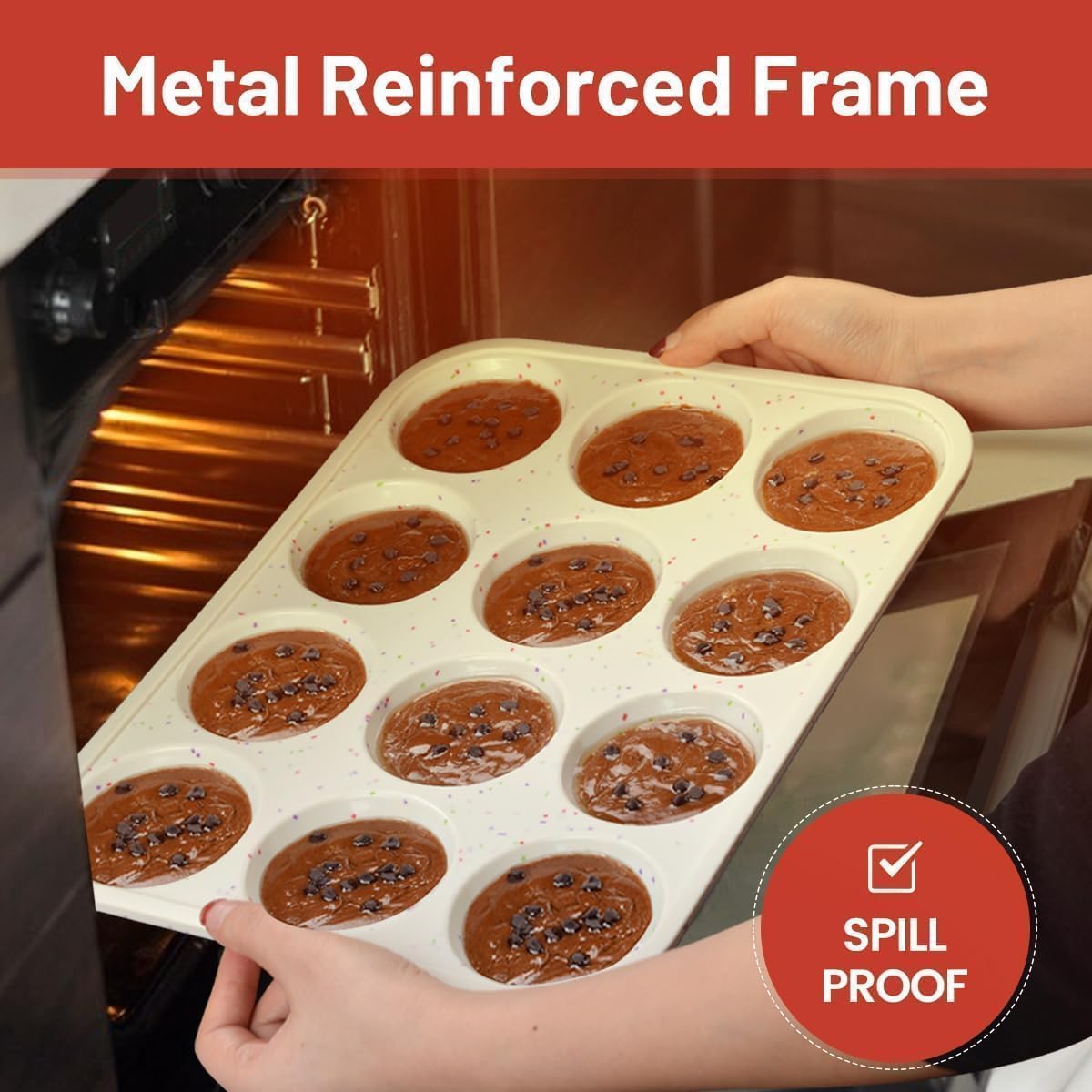 Silicone Muffin Pan, Metal Reinforced Frame Cupcake Pan 12 Cups Regular Size Easy to Move in or Out of Oven Non-Stick (2) - Image 6