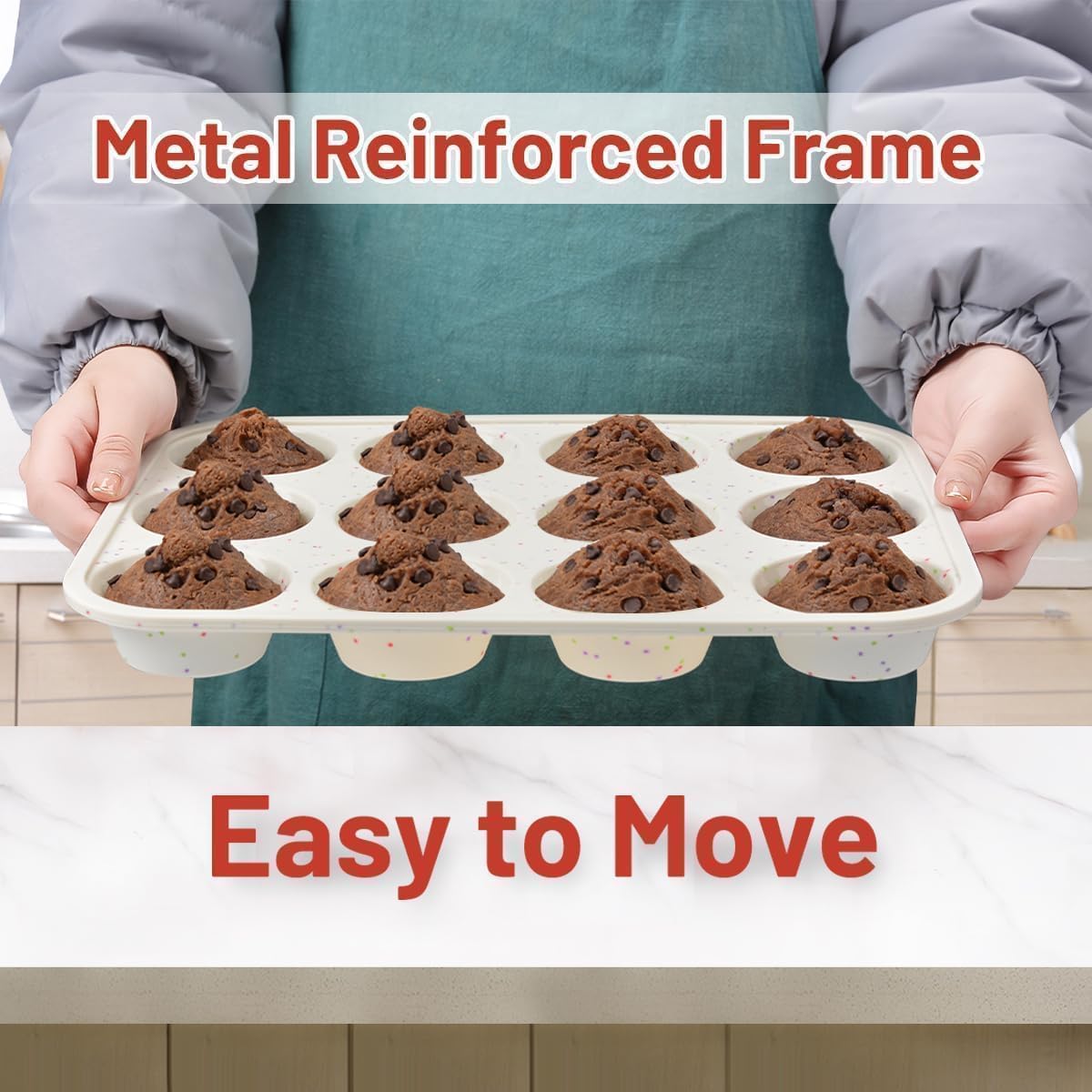 Silicone Muffin Pan, Metal Reinforced Frame Cupcake Pan 12 Cups Regular Size Easy to Move in or Out of Oven Non-Stick (2) - Image 7