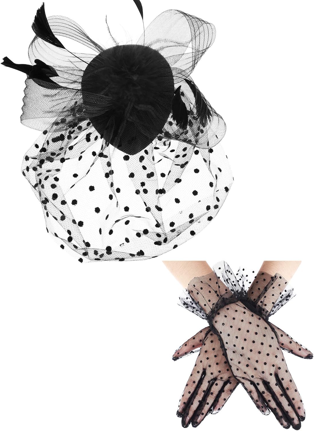 50s Fascinators for Women Funeral Veil Tea Party Hat and Gloves Pillbox Cocktail Hat - Image 1