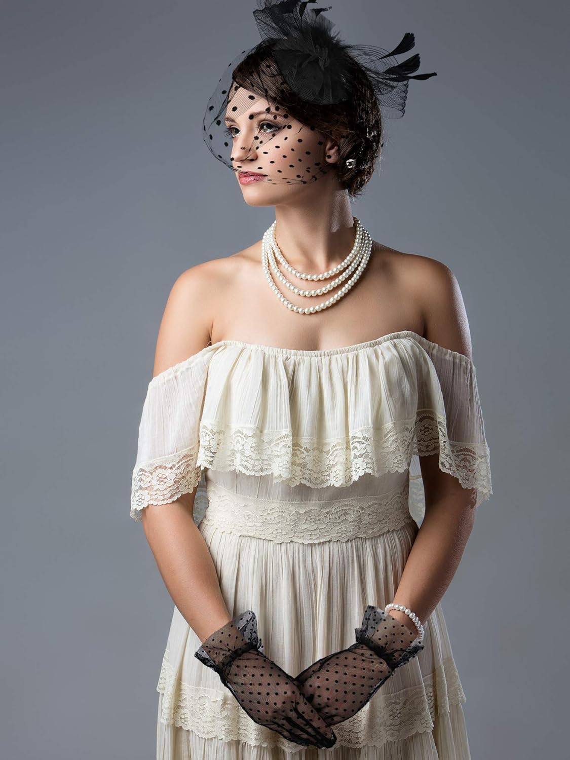 50s Fascinators for Women Funeral Veil Tea Party Hat and Gloves Pillbox Cocktail Hat - Image 2
