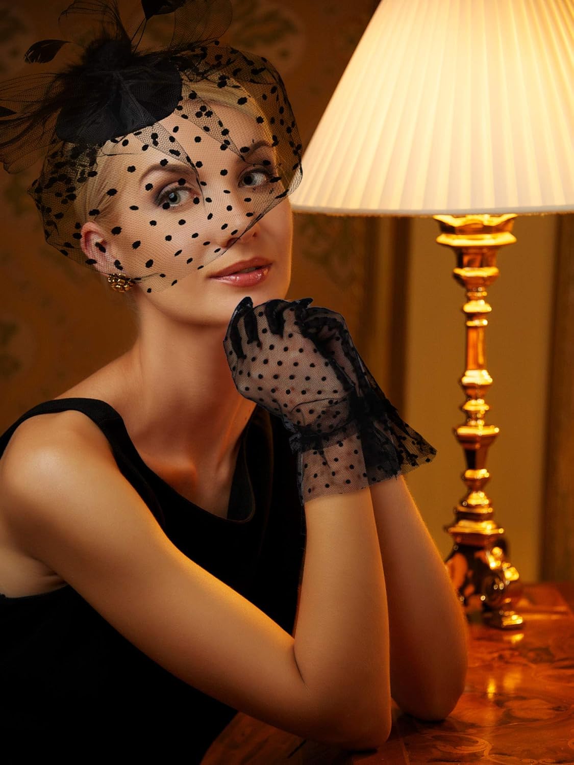 50s Fascinators for Women Funeral Veil Tea Party Hat and Gloves Pillbox Cocktail Hat - Image 5