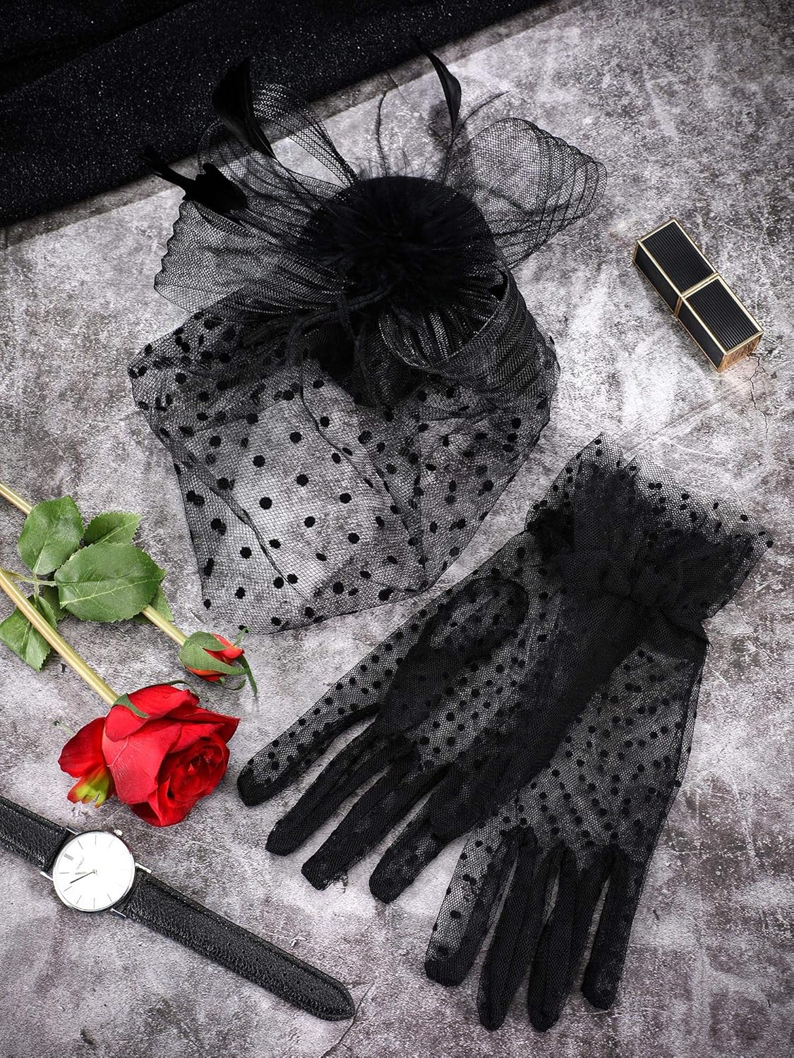 50s Fascinators for Women Funeral Veil Tea Party Hat and Gloves Pillbox Cocktail Hat - Image 7