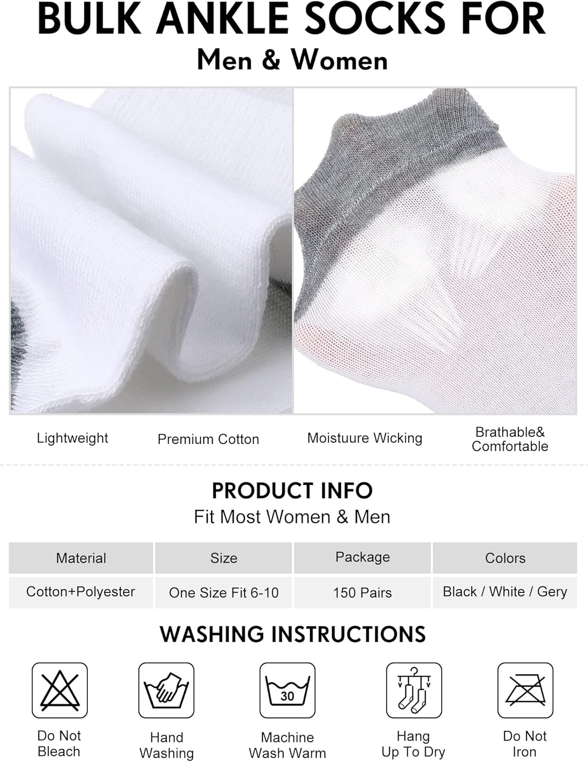 150 Pairs Men's Cushion Ankle Socks Breathable Casual Comfort Men Low Cut Sock for Sports Outdoor Running - Image 3