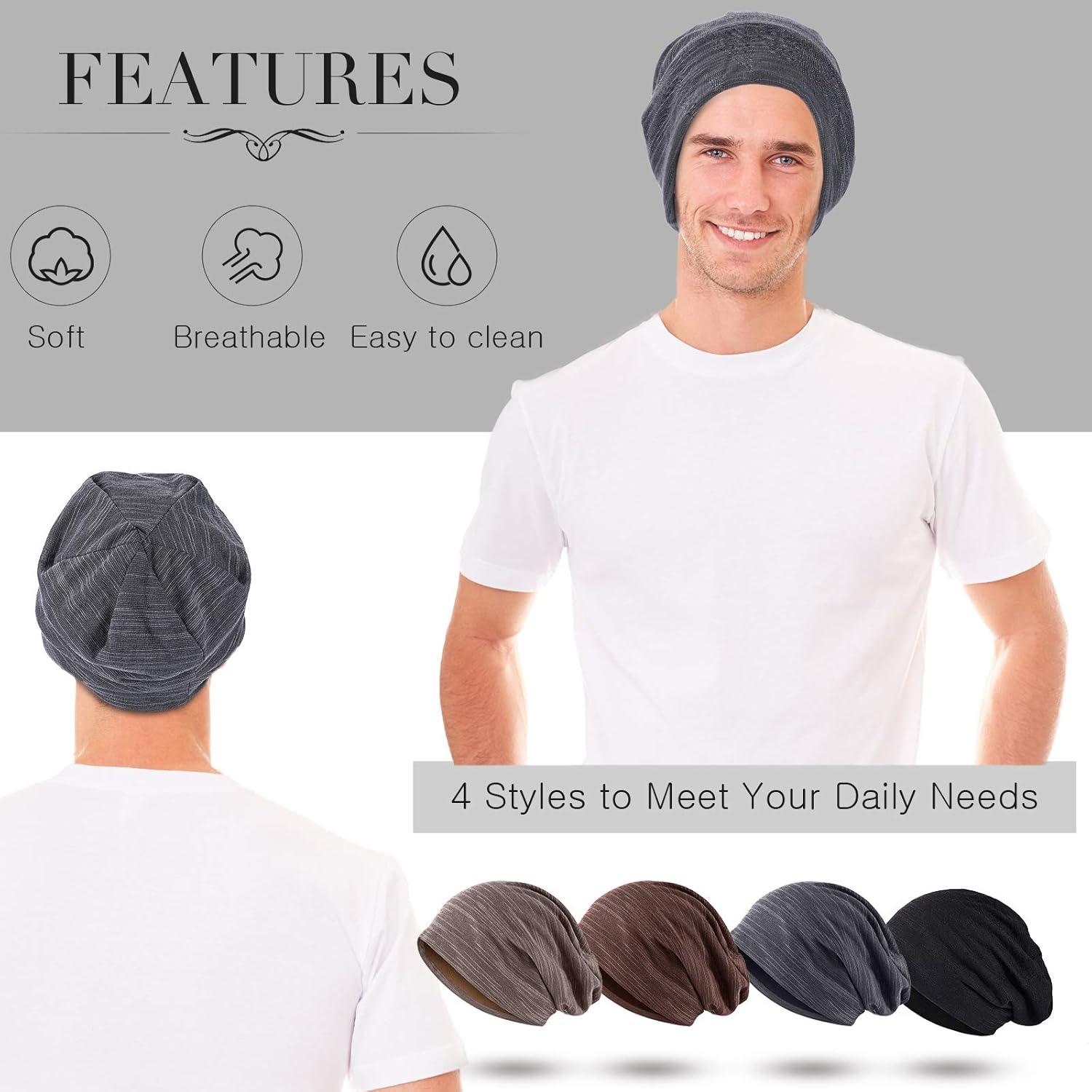 4 Pieces Slouchy Beanie Hat Sleeping Cap Baggy Skull Knit Sleeping Hat Headwear Head Wrap Cap for Men Women - Image 5