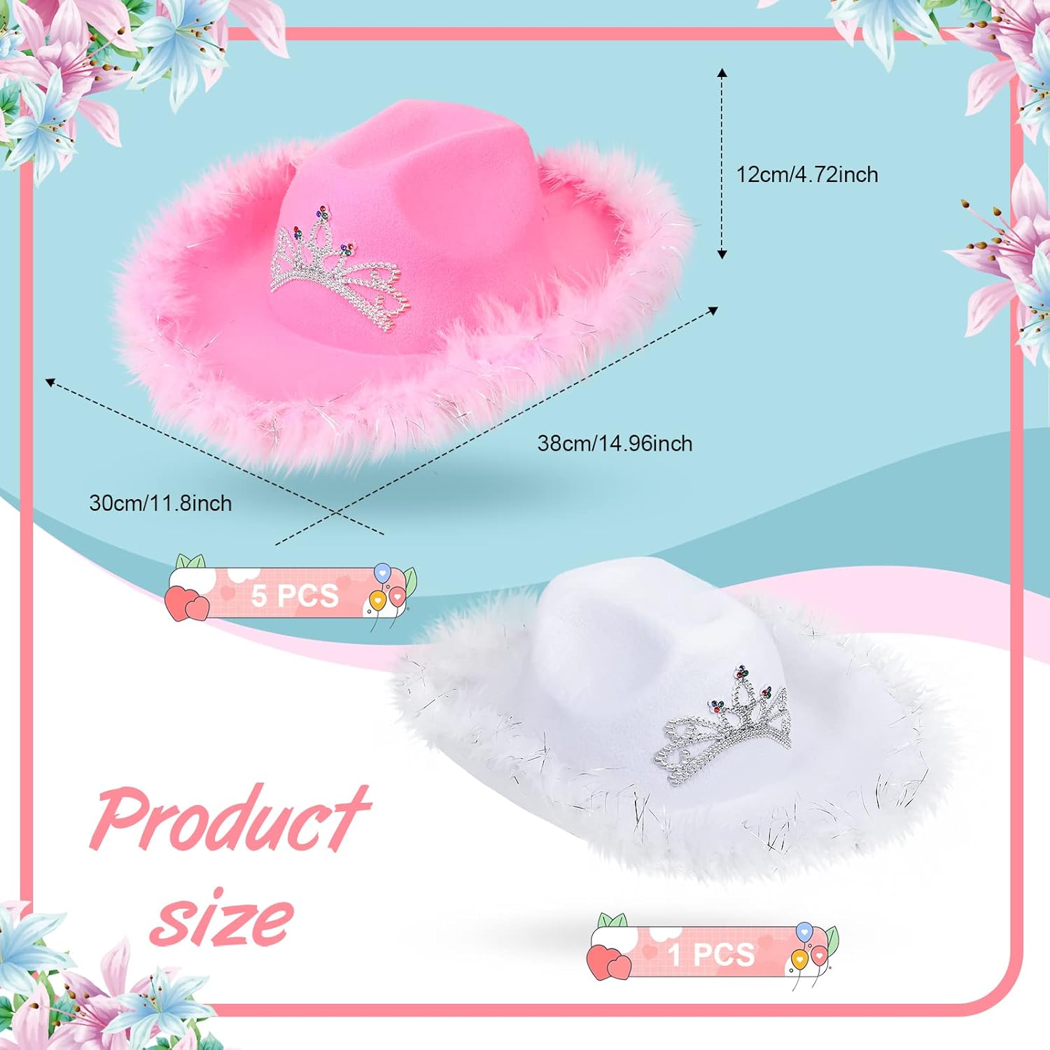 6 Pack Women Cowgirl Cowboy Hats with Feather Western Hat for Bachelorette Bridal Wedding Party Costume Dress up - Image 2