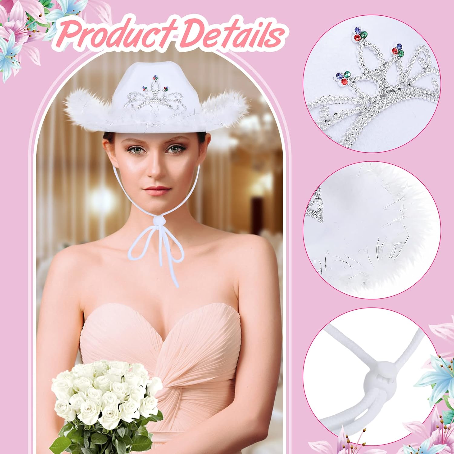 6 Pack Women Cowgirl Cowboy Hats with Feather Western Hat for Bachelorette Bridal Wedding Party Costume Dress up - Image 3