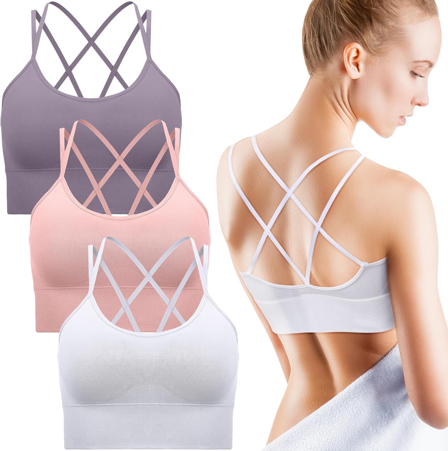 3 Pcs Strappy Sports Bras for Women Crisscross for Yoga Running Support Yoga Bra Padded Workout Bras - Image 2
