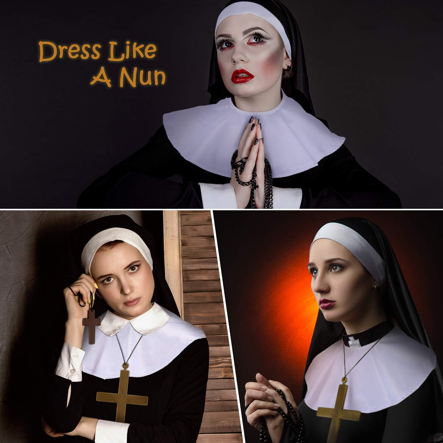 2 Sets Halloween Nun Costume Set Plastic Gold Cross Nun Habit Costume Set Hat White Collar Gold Cross Pendant for Woman - Image 2
