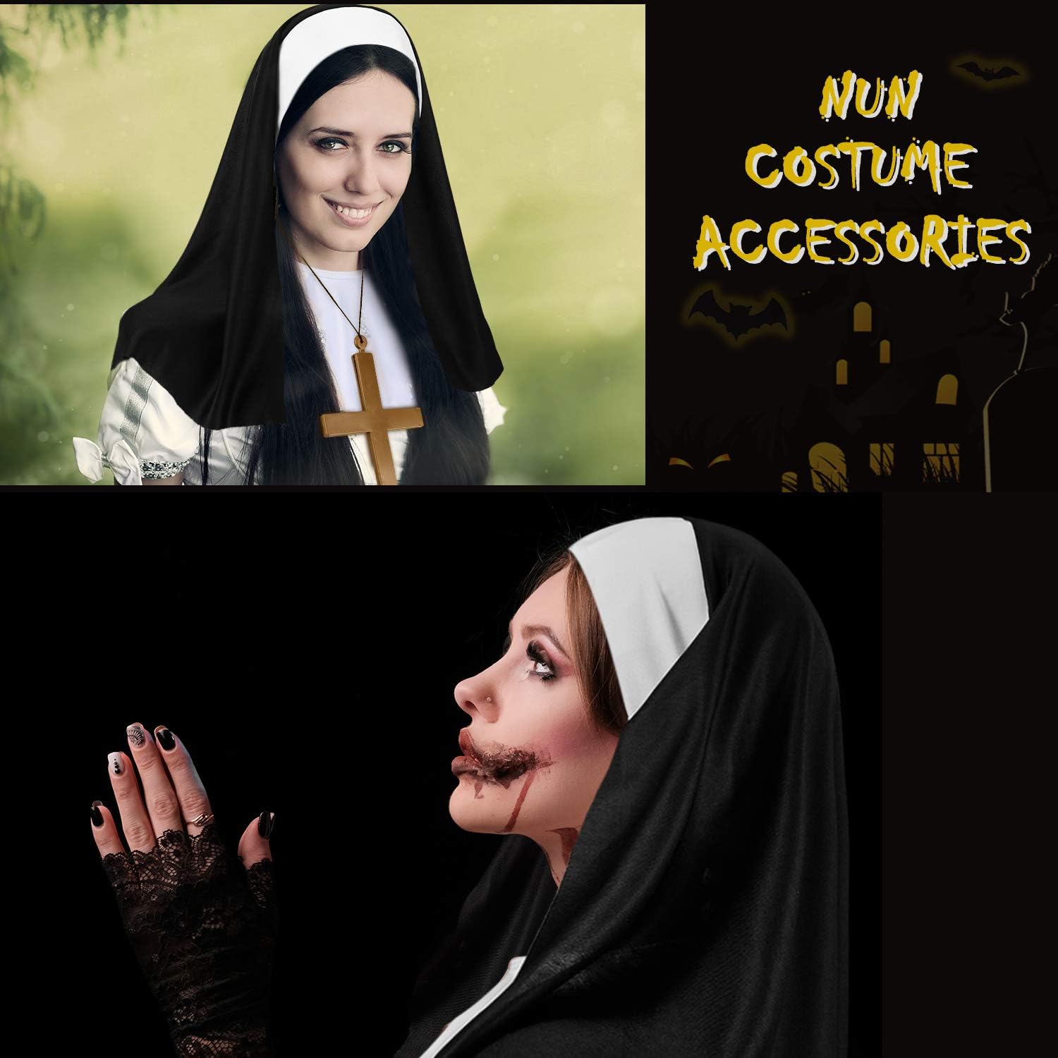 2 Sets Halloween Nun Costume Set Plastic Gold Cross Nun Habit Costume Set Hat White Collar Gold Cross Pendant for Woman - Image 3
