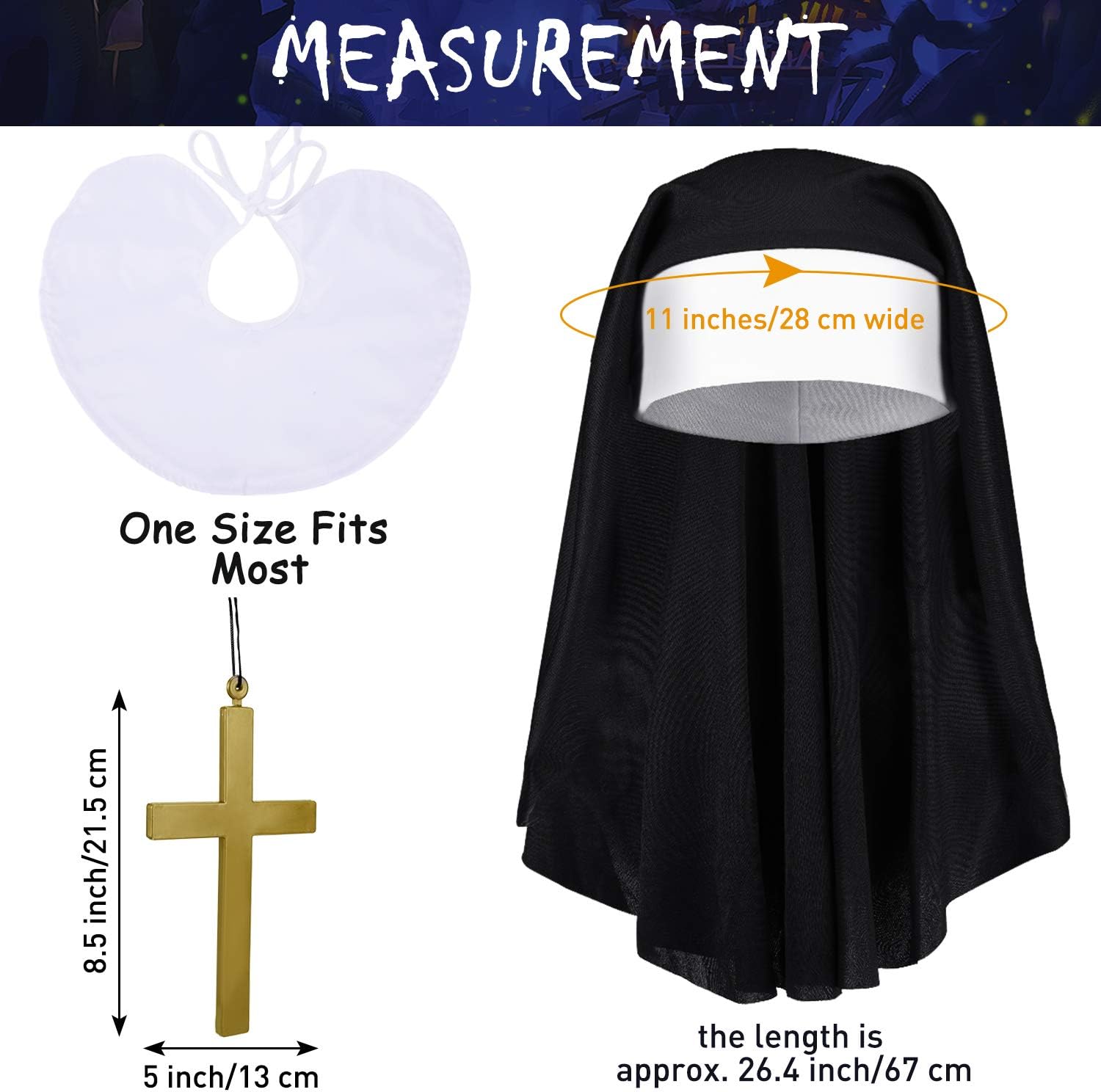 2 Sets Halloween Nun Costume Set Plastic Gold Cross Nun Habit Costume Set Hat White Collar Gold Cross Pendant for Woman - Image 4