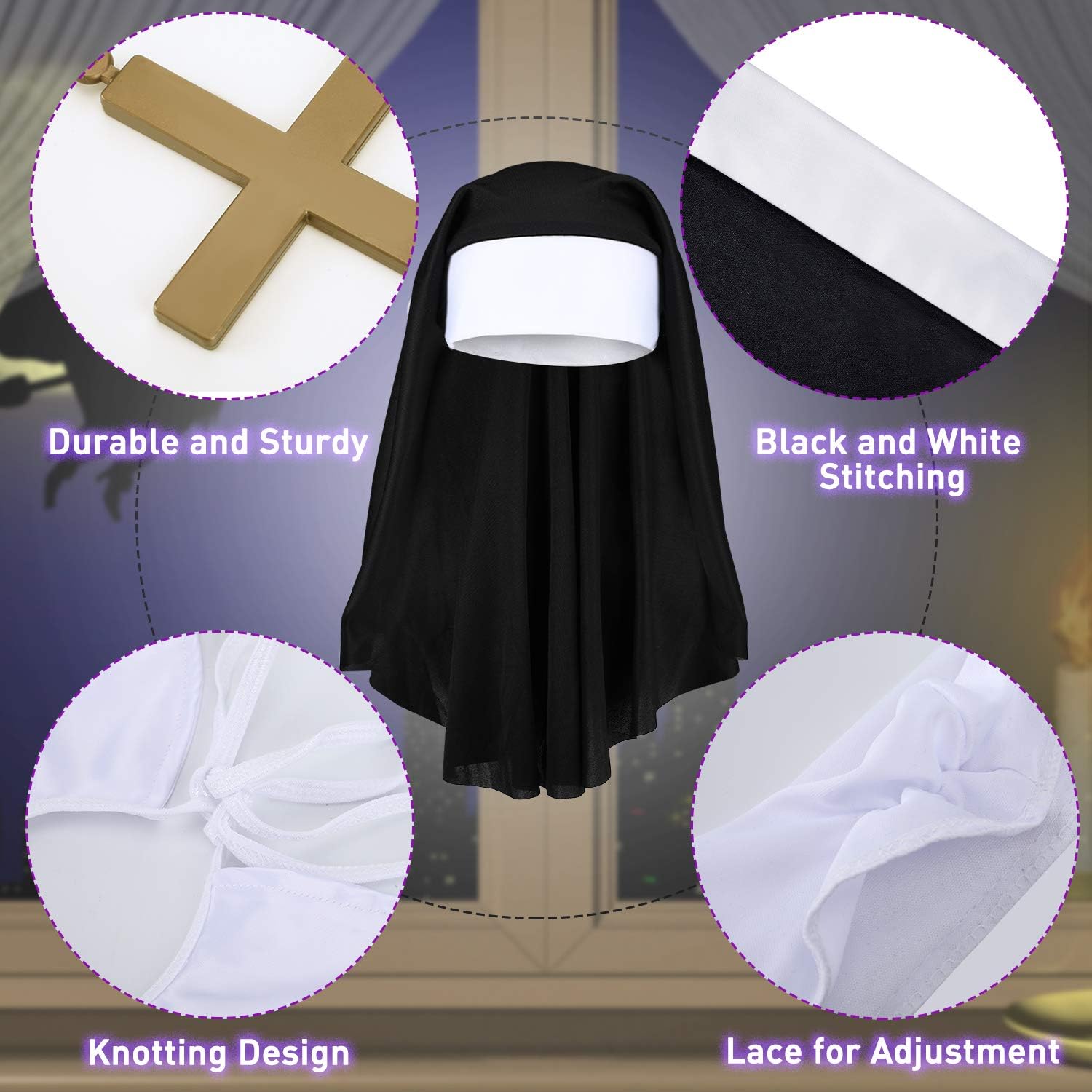 2 Sets Halloween Nun Costume Set Plastic Gold Cross Nun Habit Costume Set Hat White Collar Gold Cross Pendant for Woman - Image 5