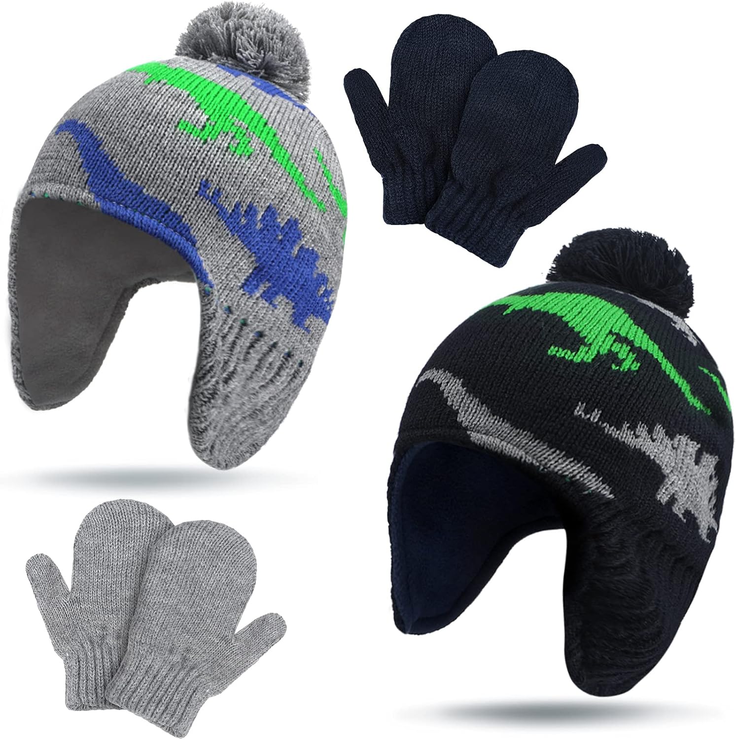 4 PCS Baby Boy Toddler Dinosaur Hat and Glove Set Boys Winter Hat Beanie Kids Gloves Winter Earflap Beanie Fleece Skiing Caps with Warm Ear Flap (Grey, Navy Blue, Green, Blue) - Image 1