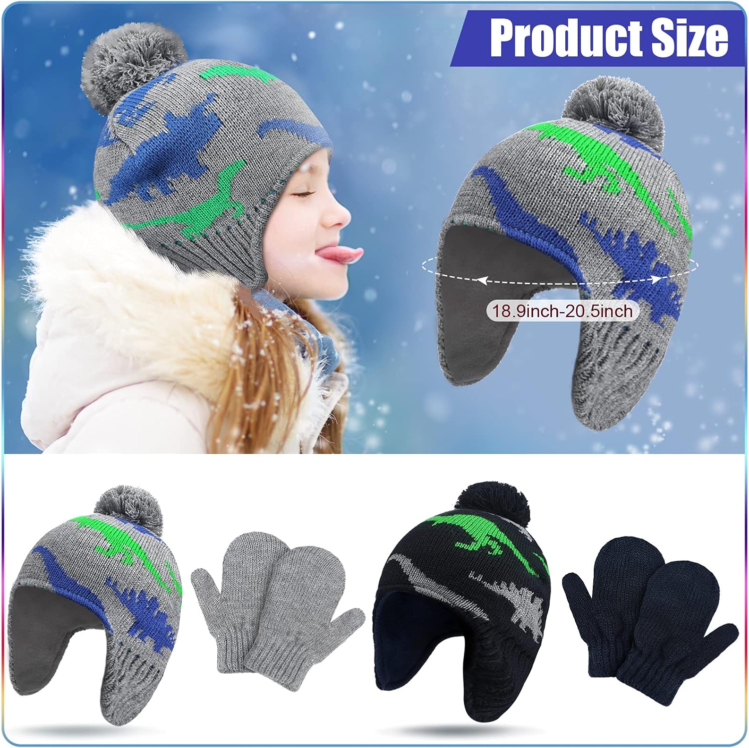 4 PCS Baby Boy Toddler Dinosaur Hat and Glove Set Boys Winter Hat Beanie Kids Gloves Winter Earflap Beanie Fleece Skiing Caps with Warm Ear Flap (Grey, Navy Blue, Green, Blue) - Image 2