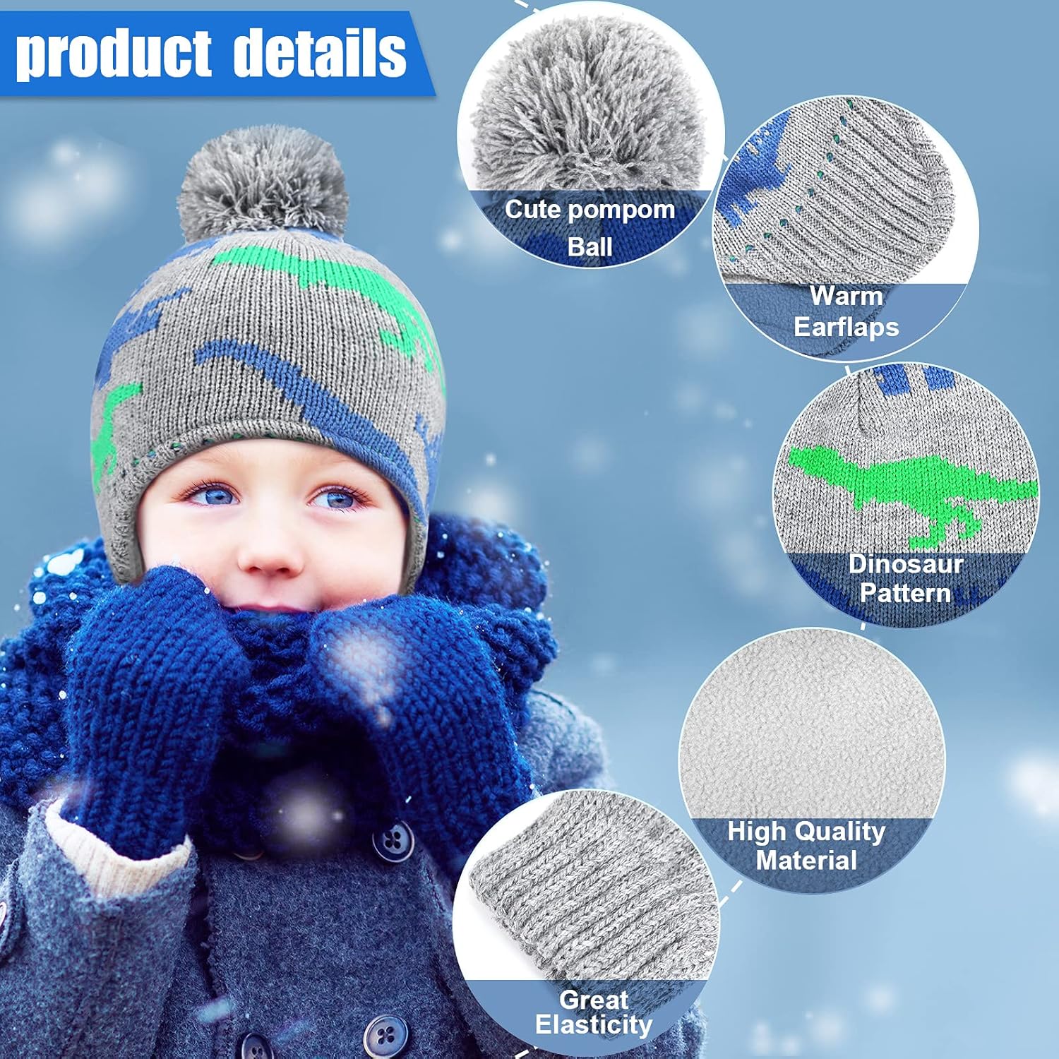 4 PCS Baby Boy Toddler Dinosaur Hat and Glove Set Boys Winter Hat Beanie Kids Gloves Winter Earflap Beanie Fleece Skiing Caps with Warm Ear Flap (Grey, Navy Blue, Green, Blue) - Image 3