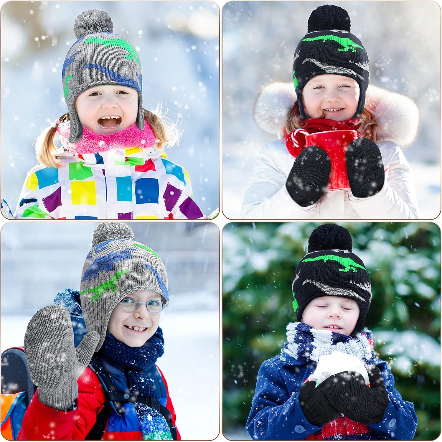 4 PCS Baby Boy Toddler Dinosaur Hat and Glove Set Boys Winter Hat Beanie Kids Gloves Winter Earflap Beanie Fleece Skiing Caps with Warm Ear Flap (Grey, Navy Blue, Green, Blue) - Image 4