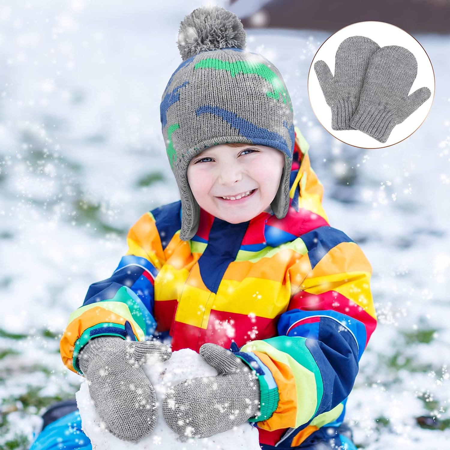4 PCS Baby Boy Toddler Dinosaur Hat and Glove Set Boys Winter Hat Beanie Kids Gloves Winter Earflap Beanie Fleece Skiing Caps with Warm Ear Flap (Grey, Navy Blue, Green, Blue) - Image 5