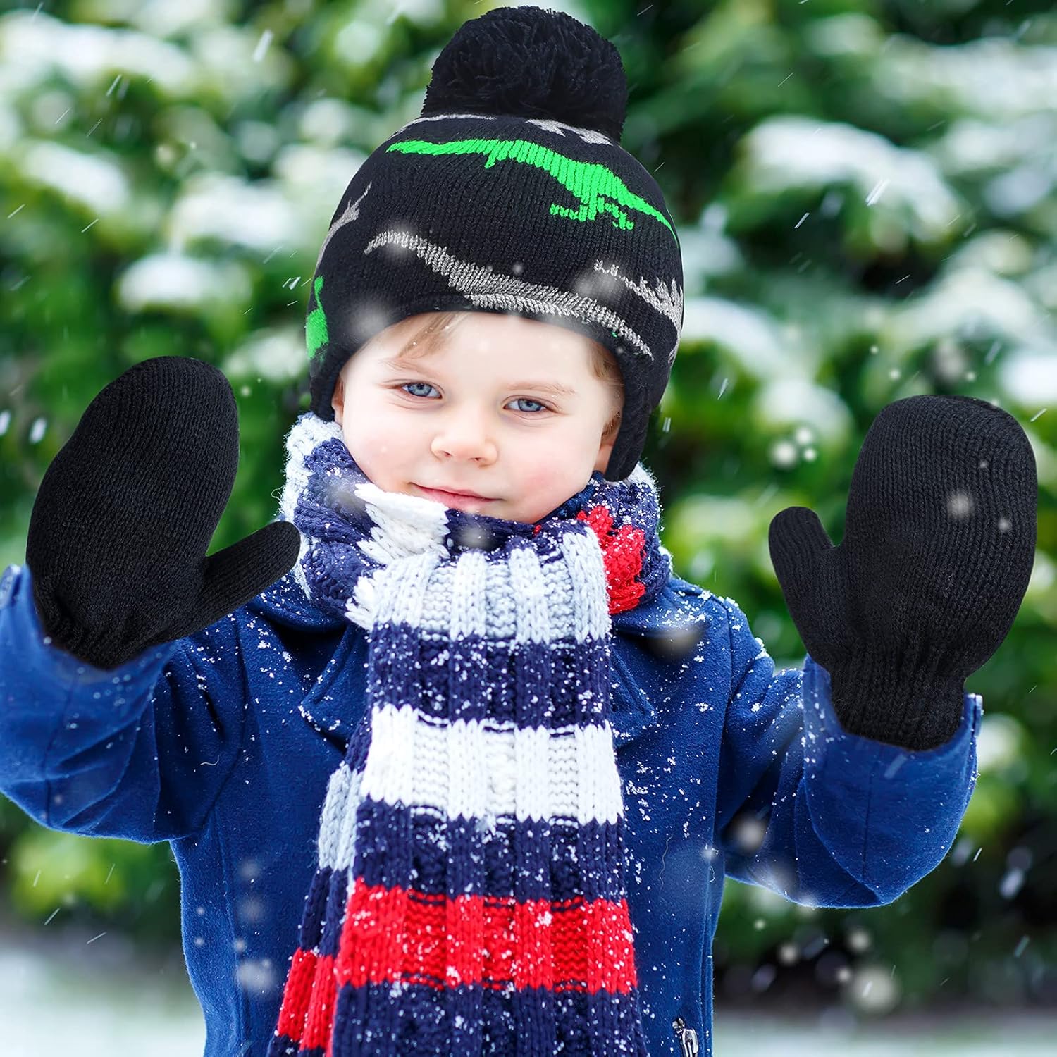 4 PCS Baby Boy Toddler Dinosaur Hat and Glove Set Boys Winter Hat Beanie Kids Gloves Winter Earflap Beanie Fleece Skiing Caps with Warm Ear Flap (Grey, Navy Blue, Green, Blue) - Image 6