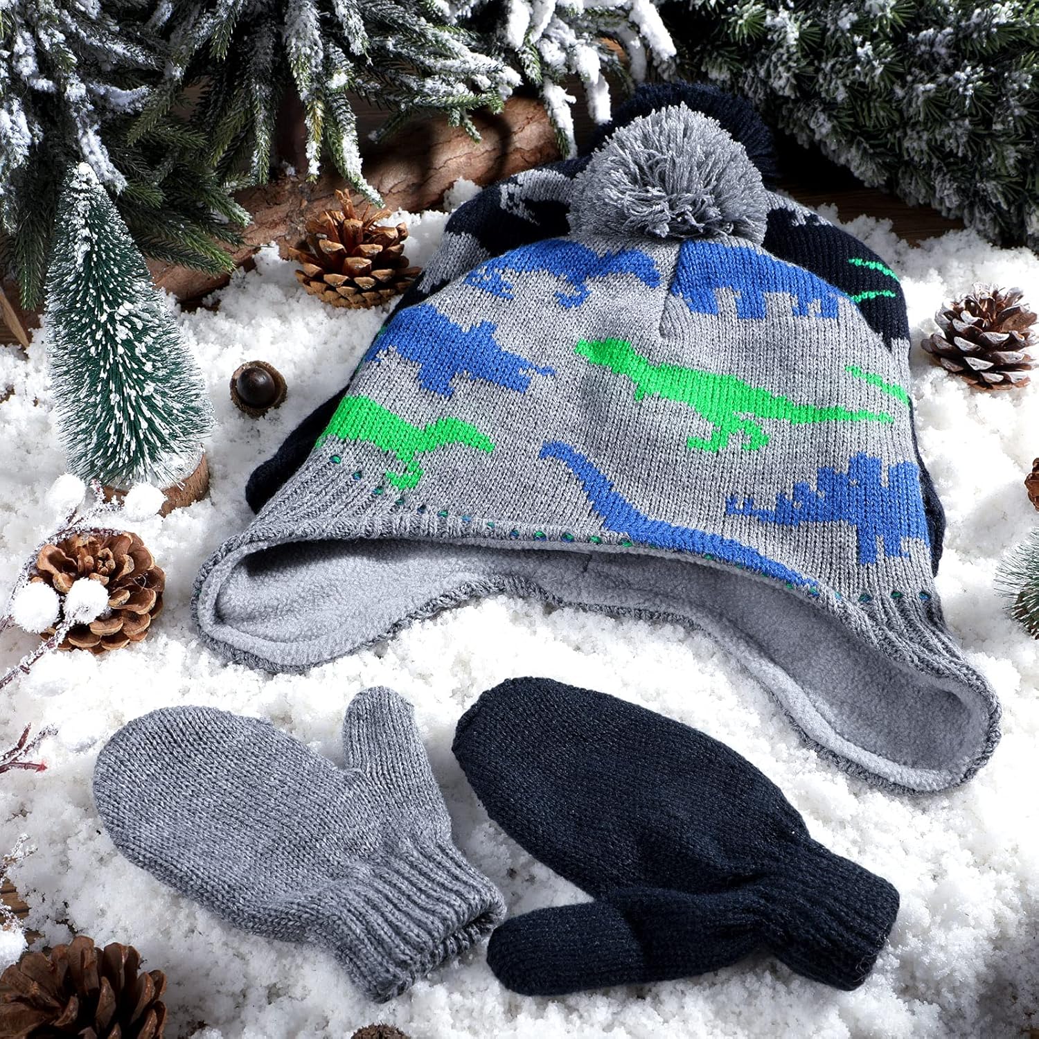 4 PCS Baby Boy Toddler Dinosaur Hat and Glove Set Boys Winter Hat Beanie Kids Gloves Winter Earflap Beanie Fleece Skiing Caps with Warm Ear Flap (Grey, Navy Blue, Green, Blue) - Image 7