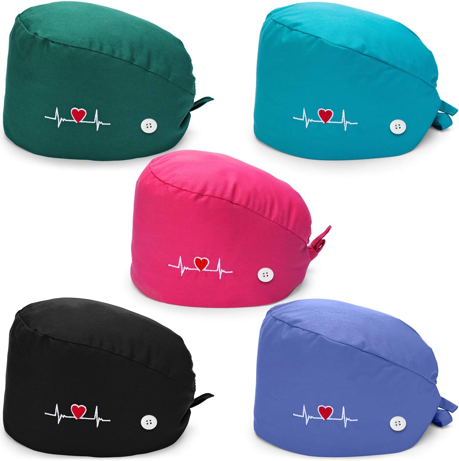 5 Pieces Bouffant Cap with Buttons Unisex Sweatband Adjustable Tie Back Hat - Image 1