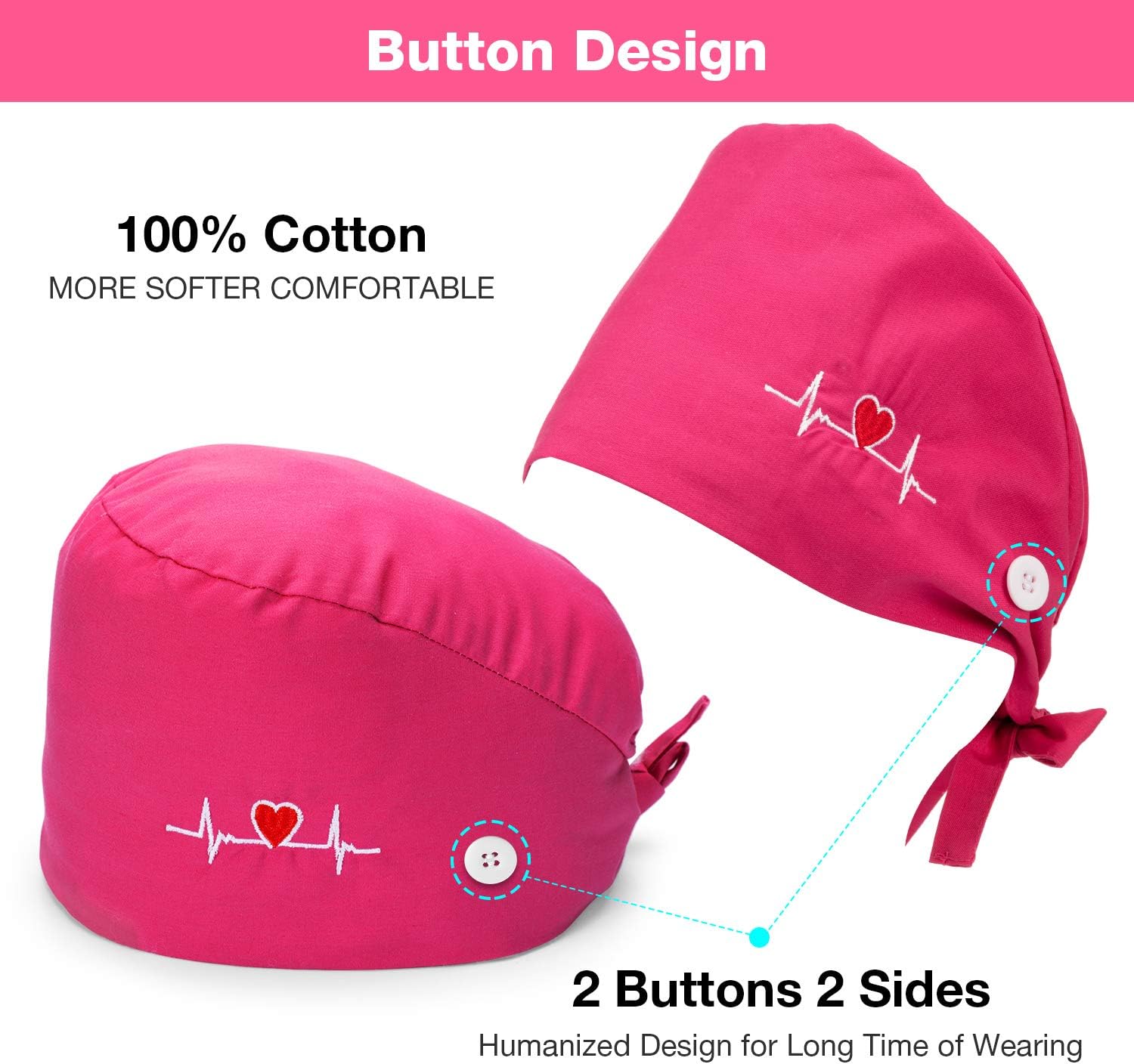 5 Pieces Bouffant Cap with Buttons Unisex Sweatband Adjustable Tie Back Hat - Image 2
