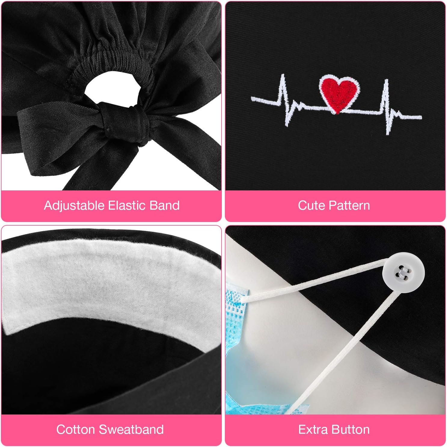 5 Pieces Bouffant Cap with Buttons Unisex Sweatband Adjustable Tie Back Hat - Image 3