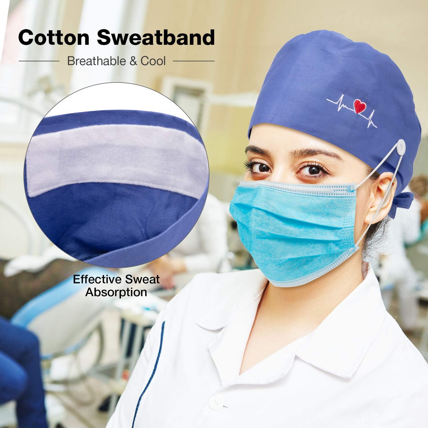 5 Pieces Bouffant Cap with Buttons Unisex Sweatband Adjustable Tie Back Hat - Image 5