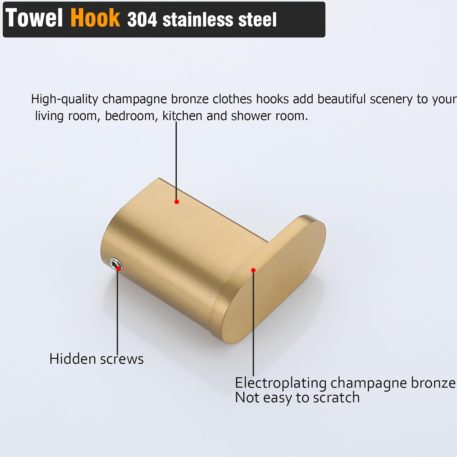 Champagne Bronze Towel Hooks for Bathrooms Wall Mount Coat Hooks SUS304 Stainless Steel Hand Towel Robe Hook.96026-8CB - Image 3