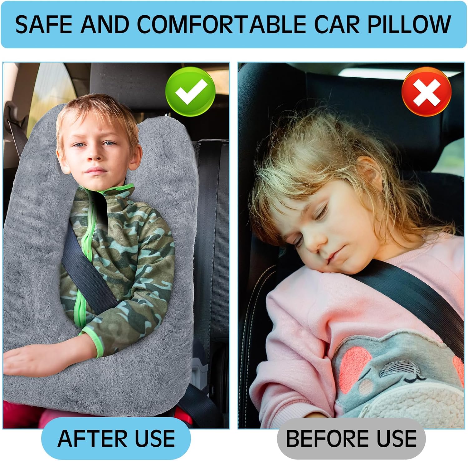 2 Pcs Car Travel Pillow for the Back Seat 28 x 18 in Sleeping Reading Pillows for Long Distance Travel Car Cushion for Kids Adults Head and Body Support U Shaped Pad for Travel(Gray, Blue) - Image 4